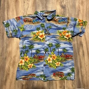Vintage Aloha Republic Hawaiian Shirt Blue Tropical Woody Car Surfchic